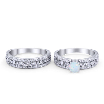 Art Deco Two Piece Bridal Set Wedding Ring Band Round Lab Created White Opal 925 Sterling Silver